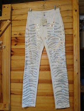 Boston Proper White Jeans with Silver Sequin Zebra Stripes